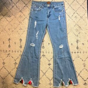NWT POL Distressed High Waisted Tassel Pearl Flare Jeans Size Small